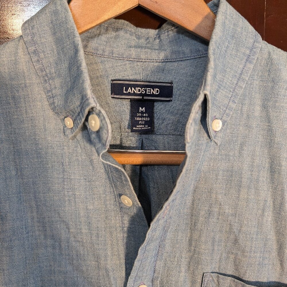 Lands' End Blue Chambray Shirt - Men's M Tailored Fit - Picture 2 of 5